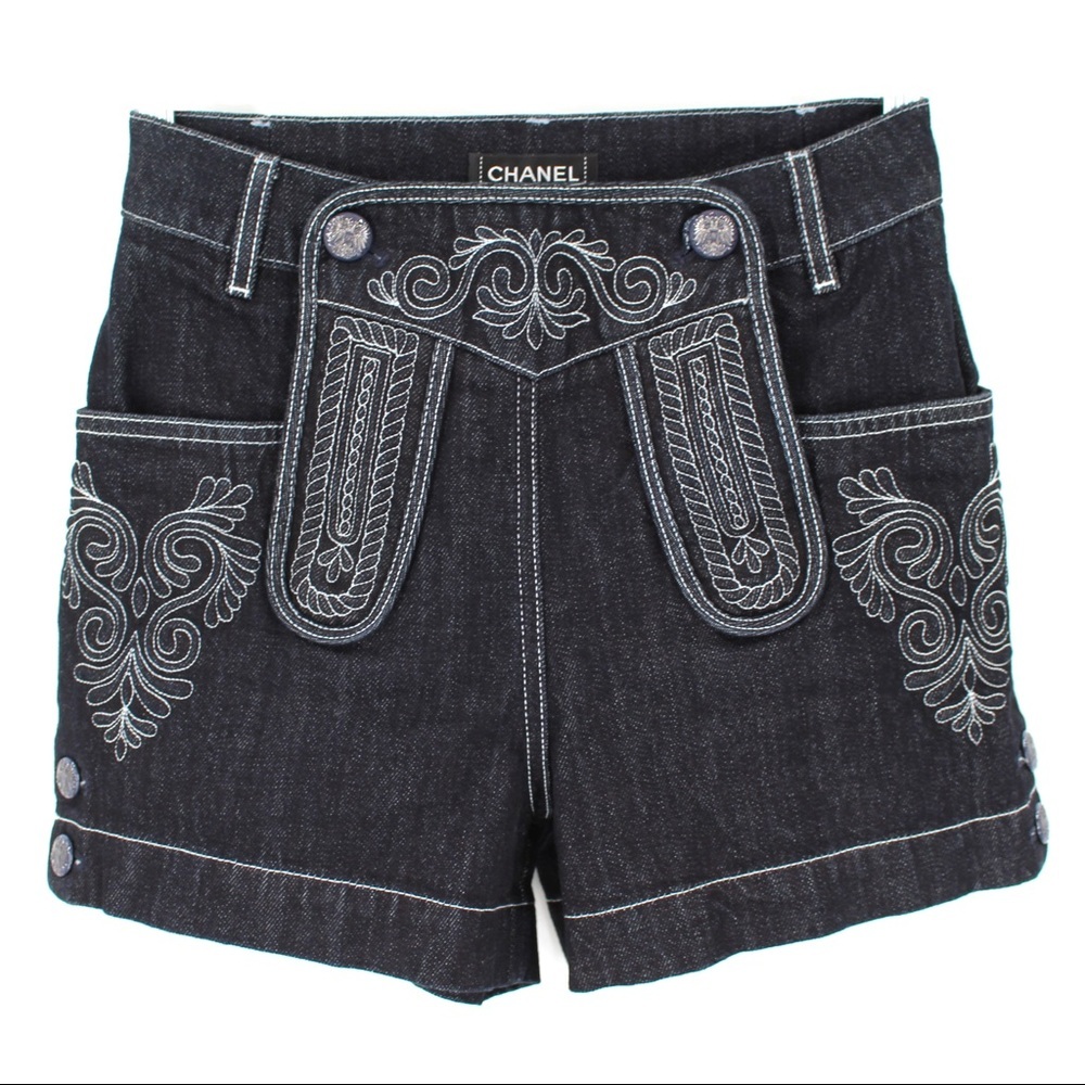CHANEL Dark Indigo Embroidered Denim Shorts